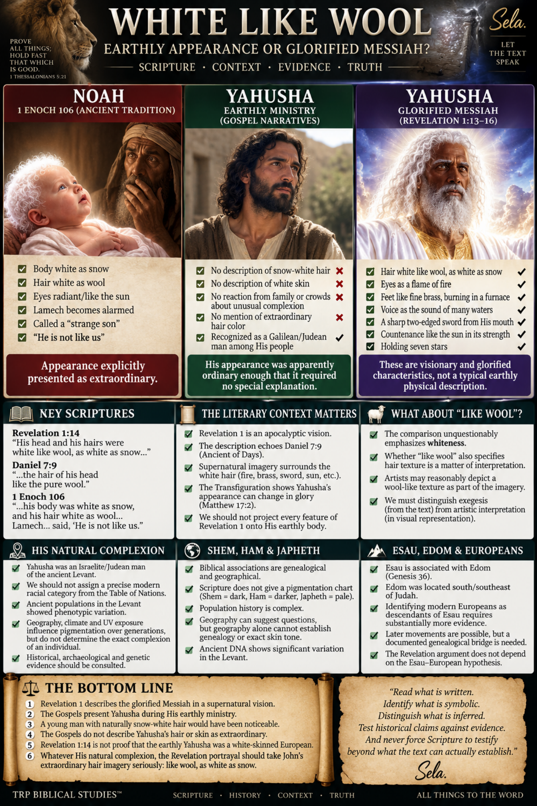 White Like Wool infographic comparing Noah in 1 Enoch 106, Yahusha’s earthly appearance, and the glorified Messiah of Revelation 1.