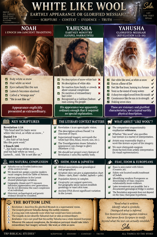 White Like Wool infographic comparing Noah in 1 Enoch 106, Yahusha’s earthly appearance, and the glorified Messiah of Revelation 1.