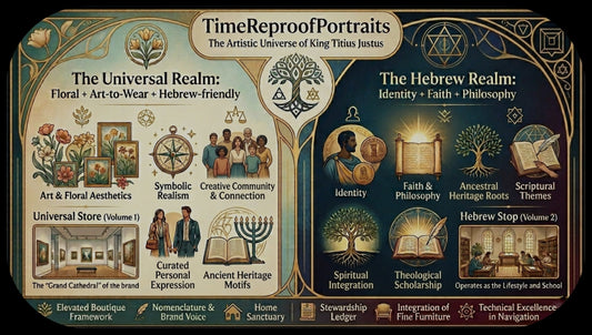 Blueprint of TRP’s dual-realm system: The Universal Realm (Art & Beauty) and The Hebrew Realm (Faith & Heritage), bridging high-end design with spiritual truth.