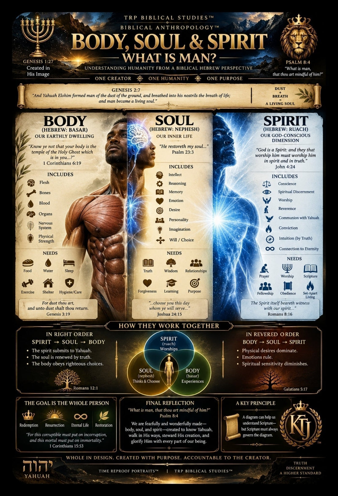 TRP Biblical Anthropology infographic illustrating body, soul, and spirit: the body formed from dust, the soul as the living person, and the spirit as breath from Yahuah.