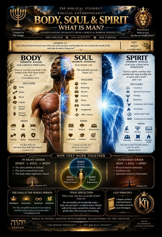 TRP Biblical Anthropology infographic illustrating body, soul, and spirit: the body formed from dust, the soul as the living person, and the spirit as breath from Yahuah.