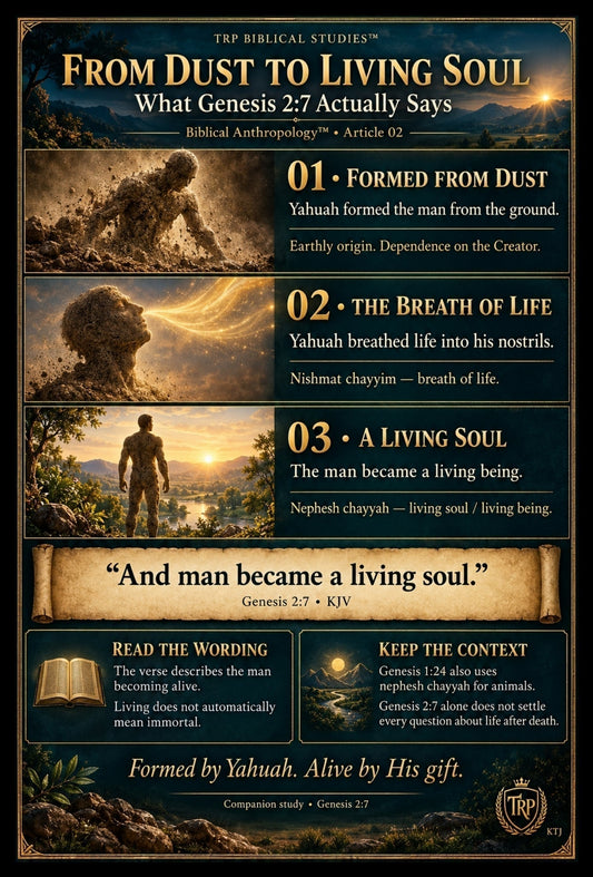 Infographic explaining Genesis 2:7: Yahuah forms man from dust, gives breath of life, and man becomes a living soul.