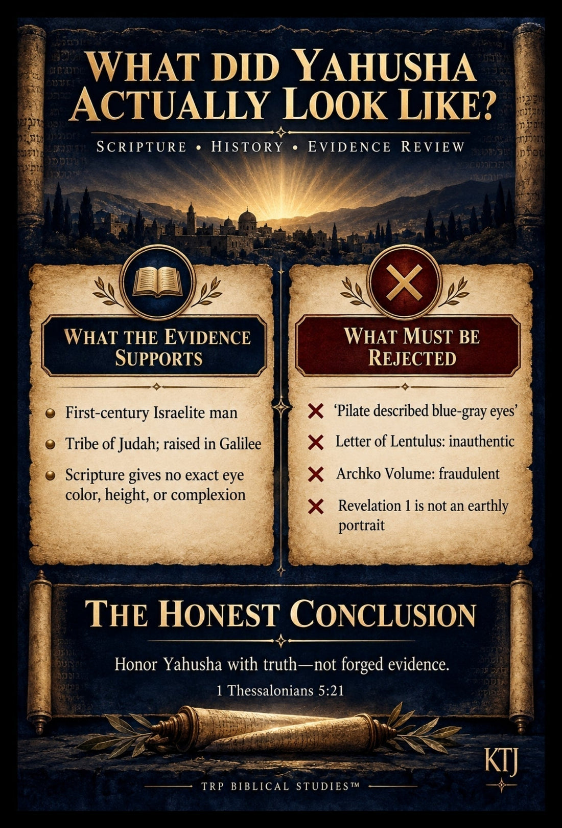 Infographic contrasting evidence about Yahusha’s appearance with rejected claims, including the Letter of Lentulus, Archko Volume, and misuse of Revelation 1.