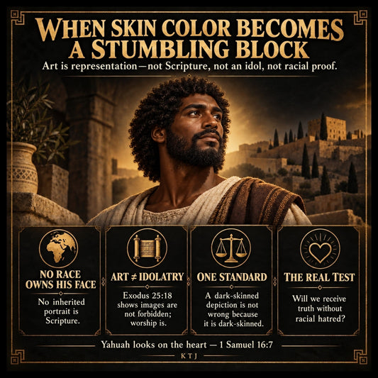 Infographic showing a dark-skinned Yahusha and four truths: no race owns His face, art is not idolatry, use one standard, and reject prejudice.