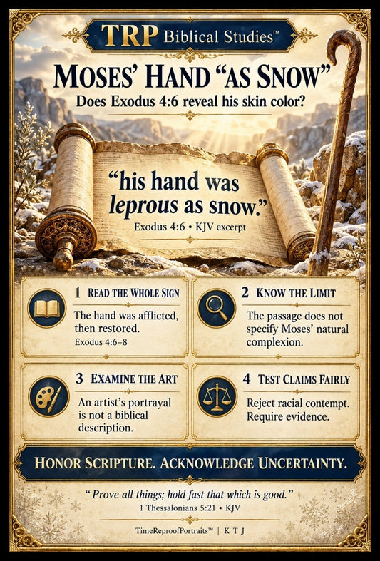 Parchment-and-gold infographic explaining why Moses’ hand becoming “leprous as snow” in Exodus 4:6 does not establish his natural skin color.