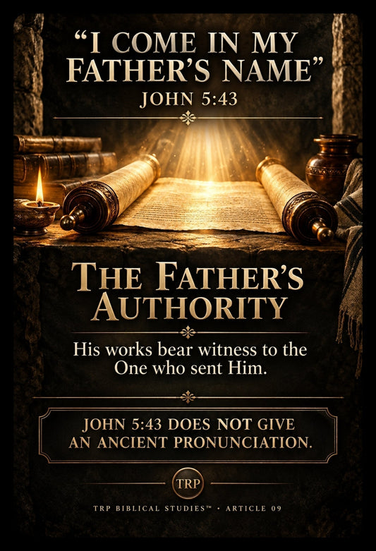 Gold scroll infographic on John 5:43: Yahusha came in His Father’s authority; the verse does not establish an ancient pronunciation. TRP monogram.