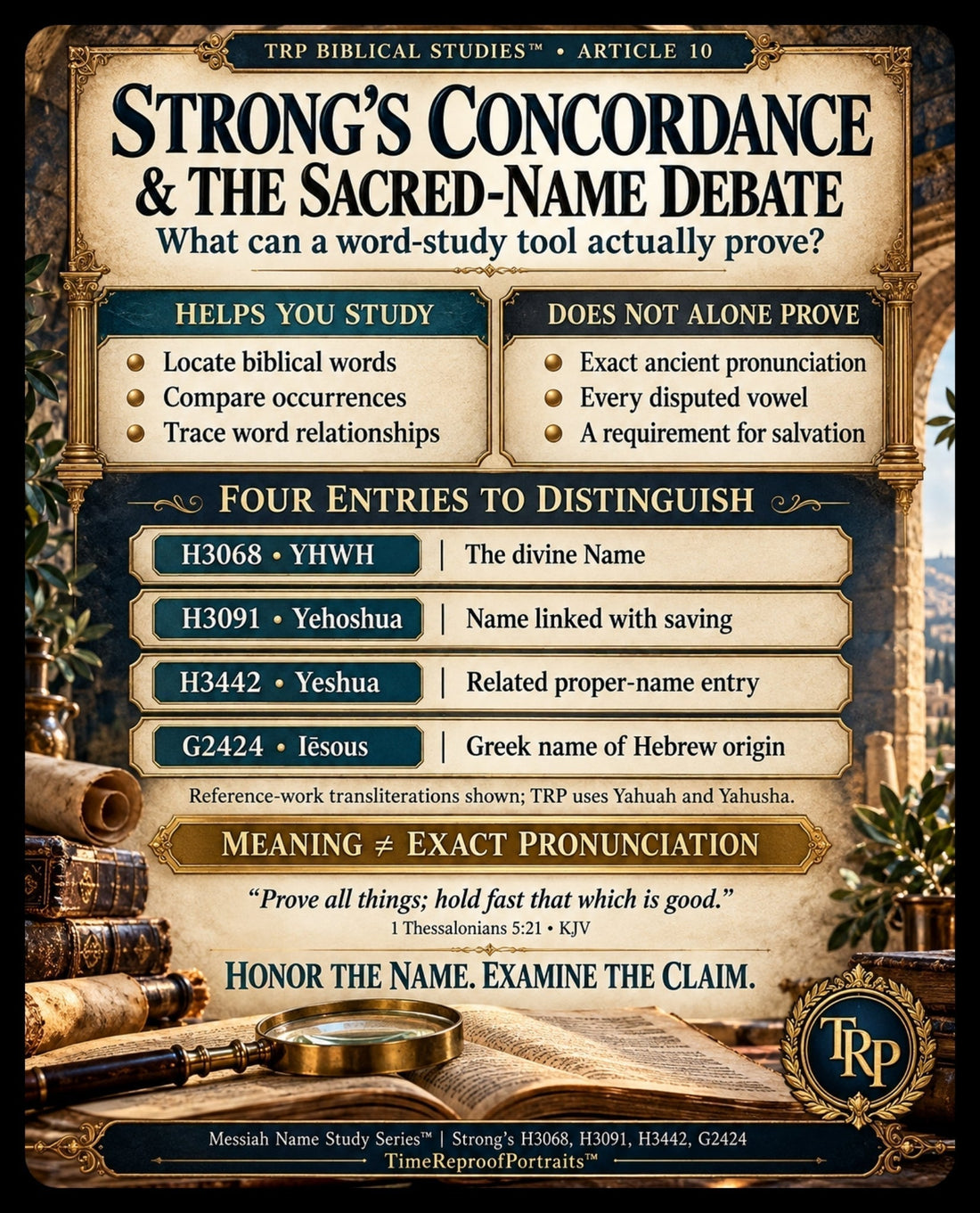 TRP infographic explaining Strong’s Concordance, four key name entries, and why word meanings alone cannot prove exact ancient pronunciation.