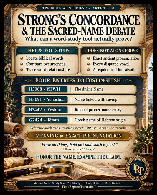 TRP infographic explaining Strong’s Concordance, four key name entries, and why word meanings alone cannot prove exact ancient pronunciation.
