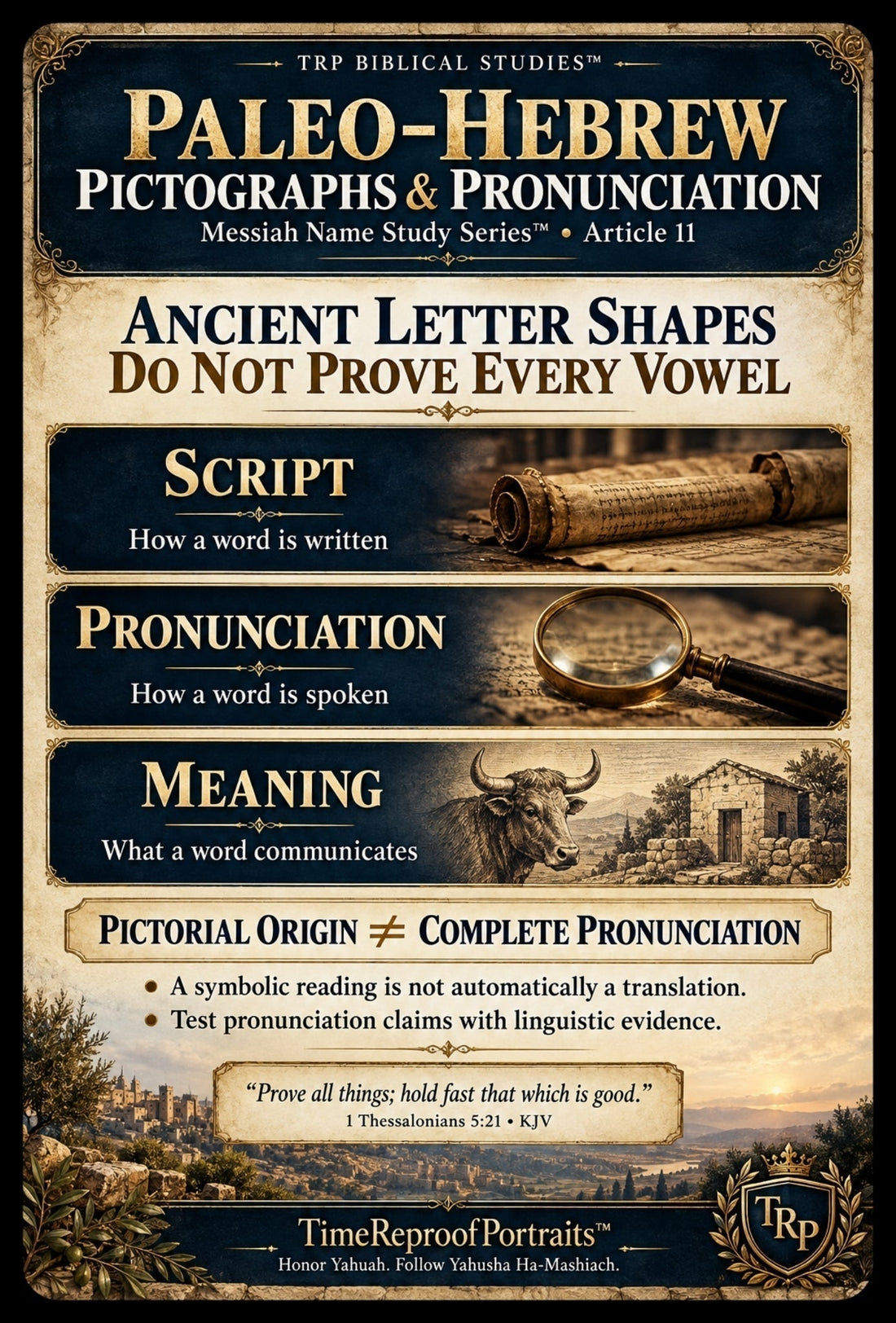 TRP infographic distinguishes Paleo-Hebrew script, pronunciation, and meaning, explaining why ancient letter shapes cannot prove every vowel.