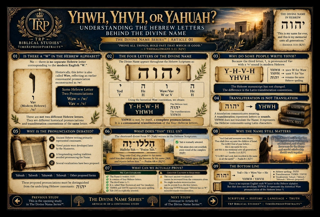 TRP infographic explaining YHWH, YHVH, Yahuah, the Hebrew letters יהוה, Waw/Vav transliteration, and Divine Name pronunciation evidence.