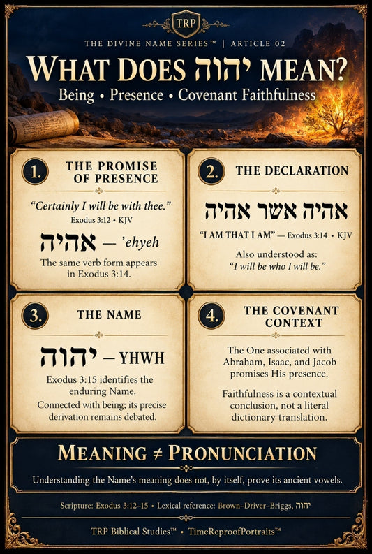TRP infographic explains יהוה through Exodus 3:12–15: being, promised presence, covenant faithfulness, and meaning versus pronunciation.