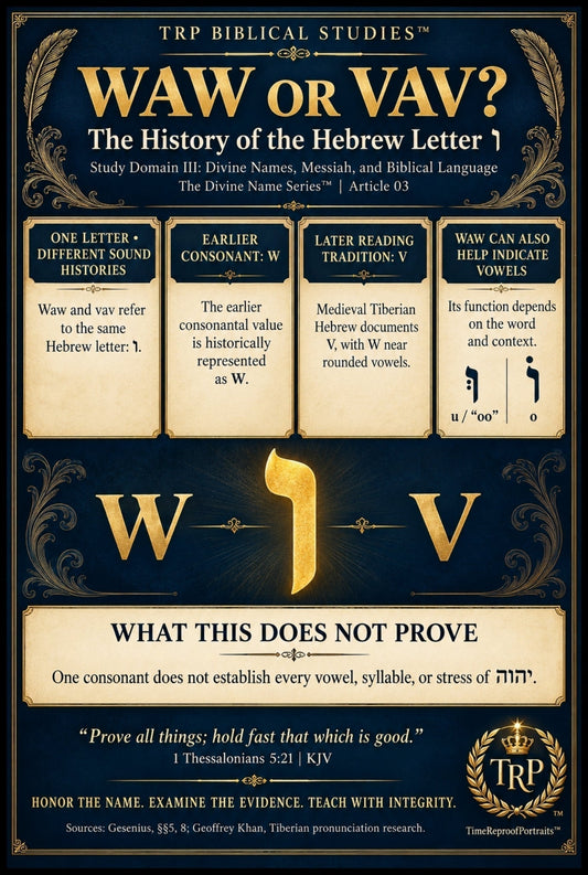 TRP infographic explains waw and vav, Hebrew letter ו, W and V sound history, vowel uses, and limits of Divine Name pronunciation claims.