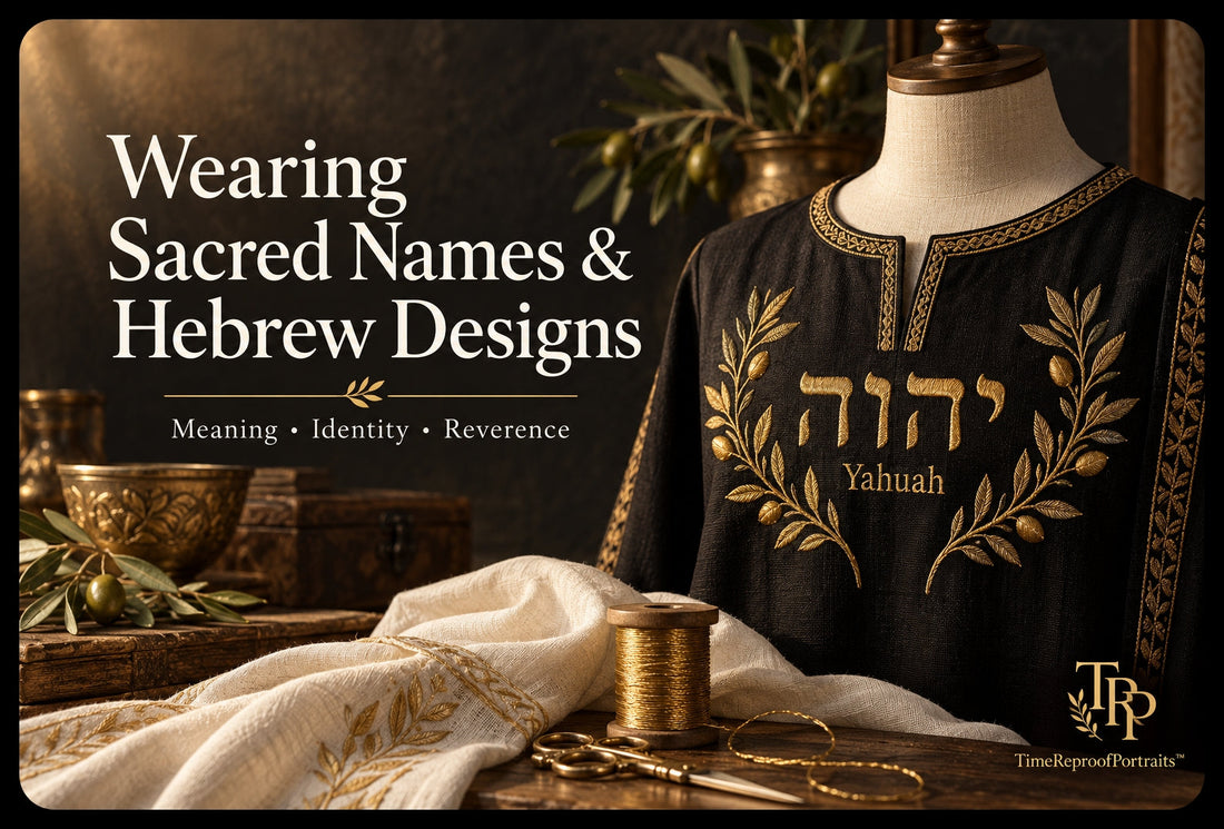 Black garment embroidered with יהוה, Yahuah, and gold olive branches beside the title “Wearing Sacred Names & Hebrew Designs.”