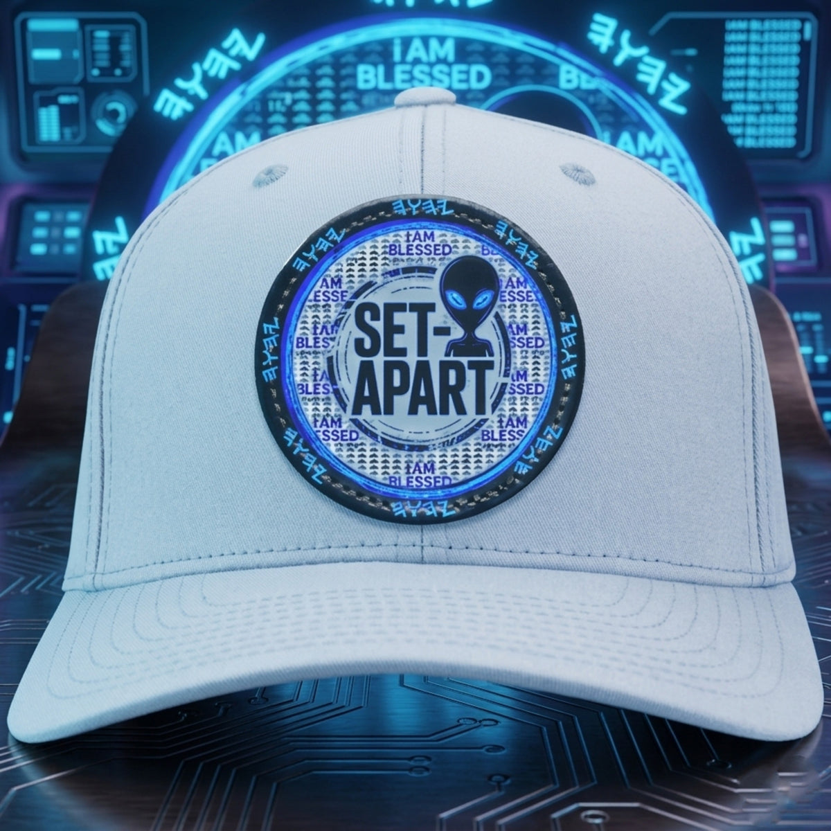 A white baseball cap with a circular patch reading "SET-APART" next to an alien head icon, set against a futuristic, blue-glowing digital interface background.