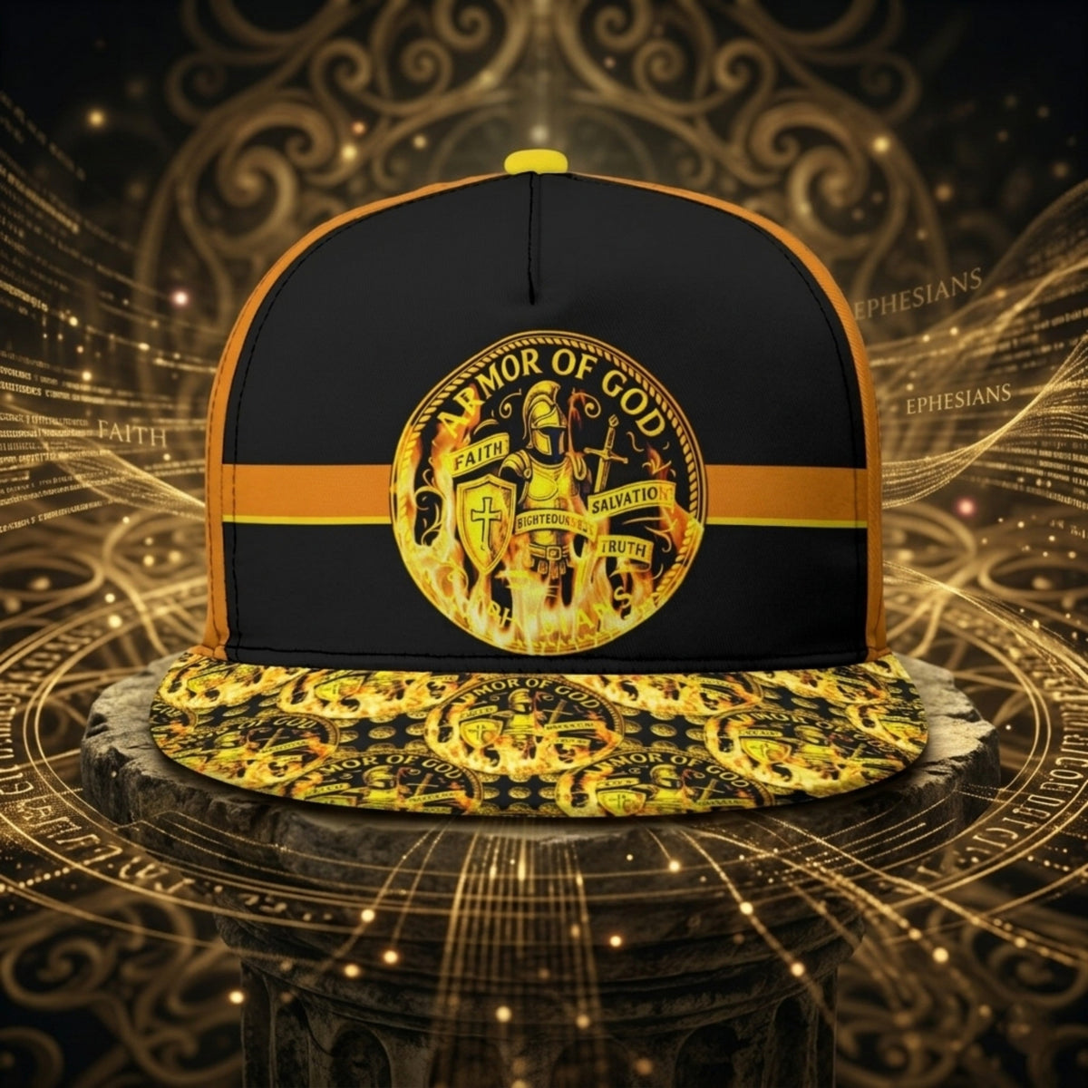 A snapback cap with a flaming "Armor of God" emblem sits on an ornate stone pedestal, surrounded by mystical golden filigree and text.