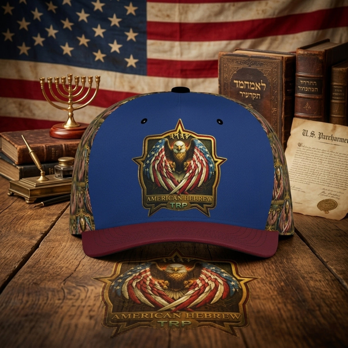 A "TRP American Hebrew" baseball cap sits on a rustic desk with a U.S. flag, menorah, and old books. The hat features an eagle with flag-patterned wings.