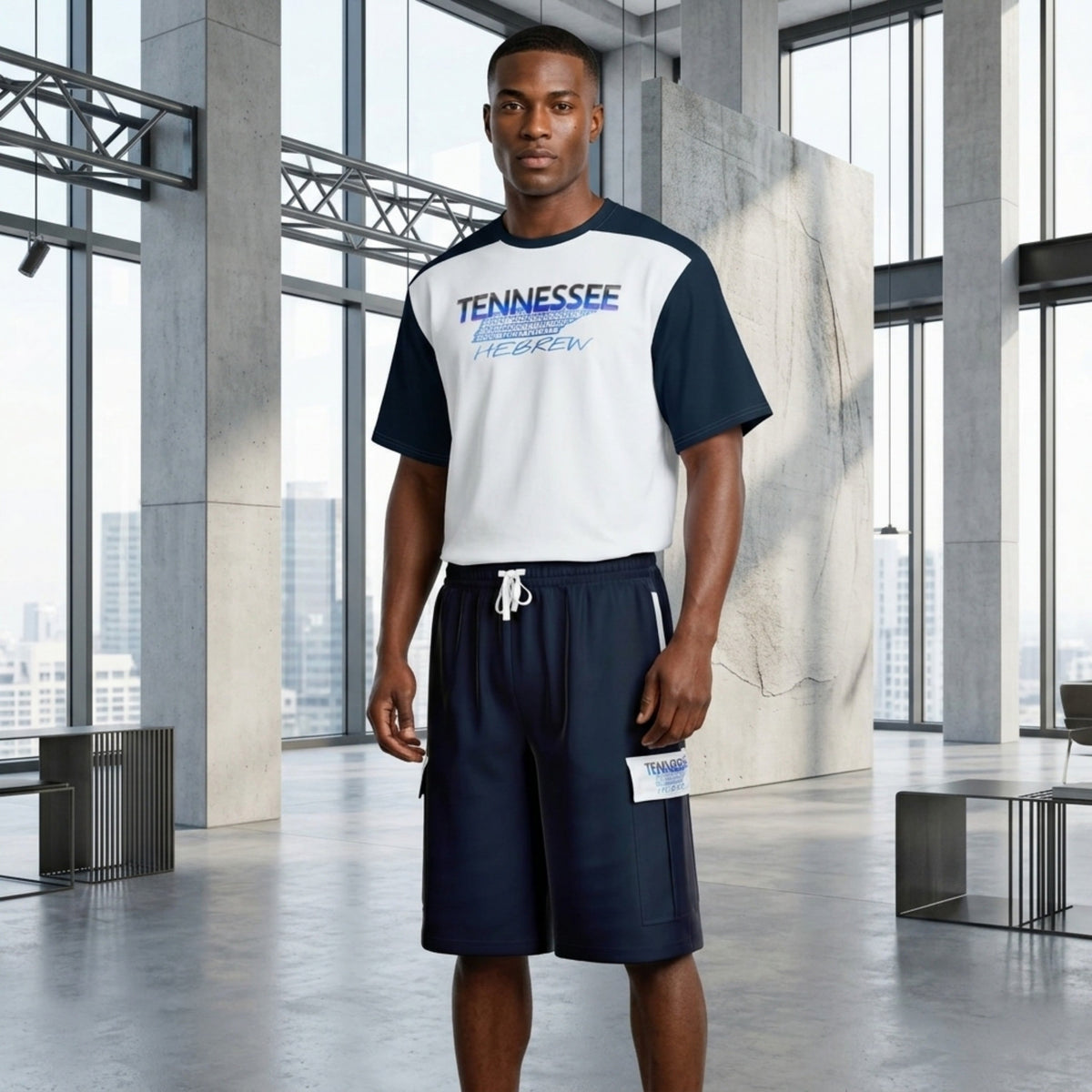 A man in a navy and white t-shirt and cargo shorts stands in a modern concrete and glass loft with city views.