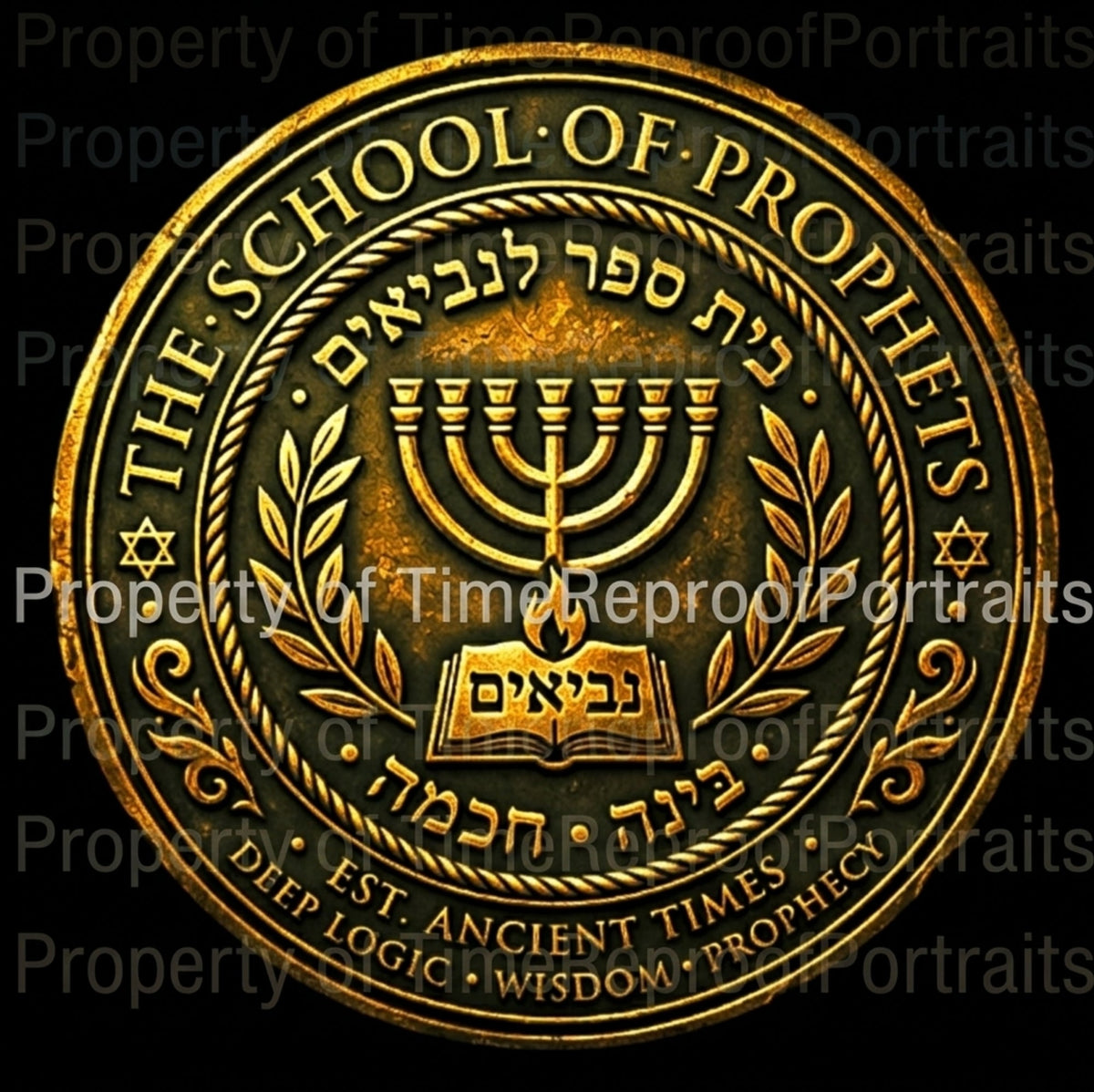 Gold medallion with a menorah, open book, and Hebrew text. Inscribed: "The School of Prophets. Est. Ancient Times. Deep Logic, Wisdom, Prophecy."