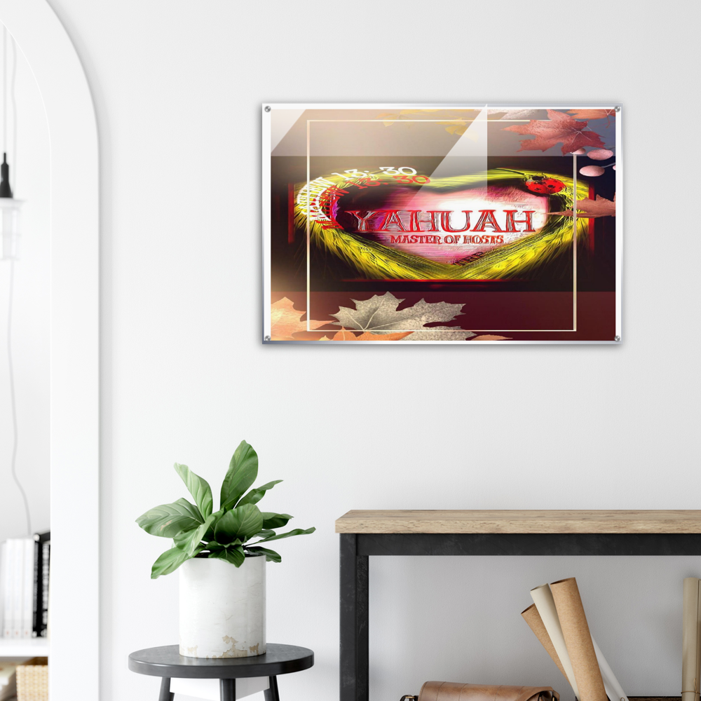 High-relief metallic digital artwork featuring gold typography and intricate floral motifs, displayed as framed wall art in a modern living room for the I Love Yahuah, Master of Hosts collection.