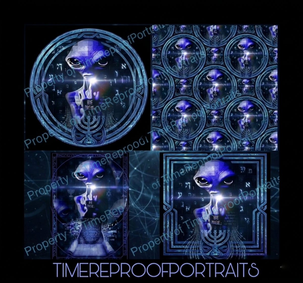 A mosaic of digital art images featuring a blue grey alien bust in various mystical contexts, labeled with watermarks.