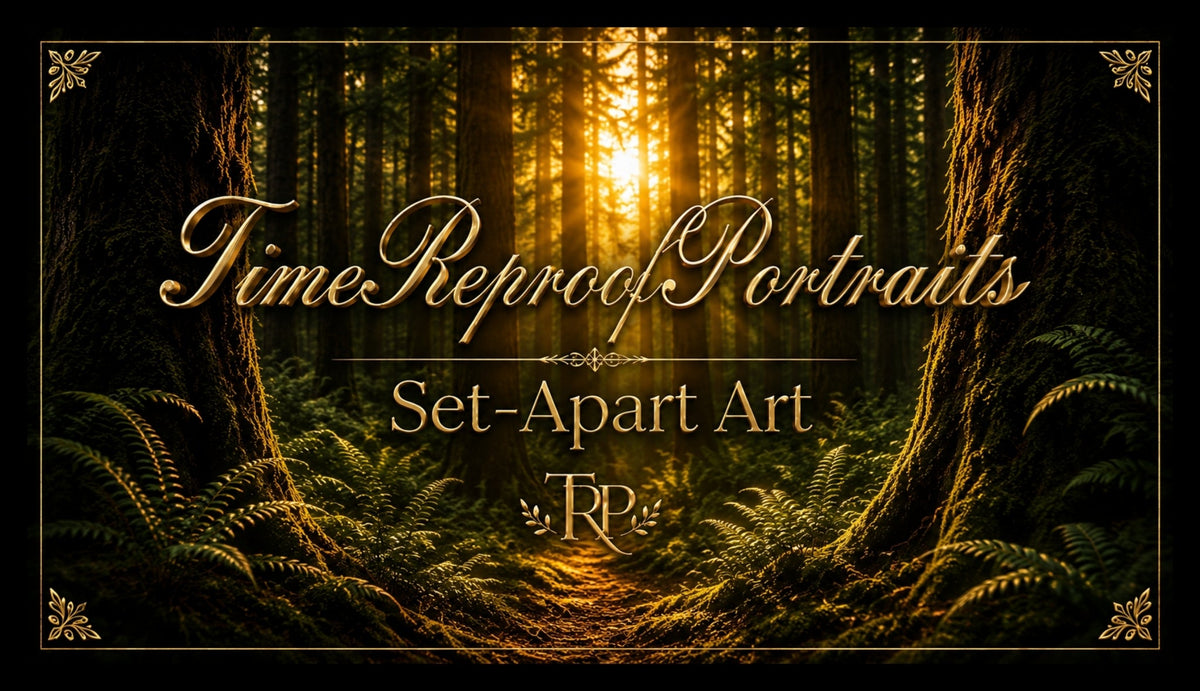 Gold elegant text reading 'Time Reproof Portraits Set-Apart Art' centered on a black background within an intricate gold border.