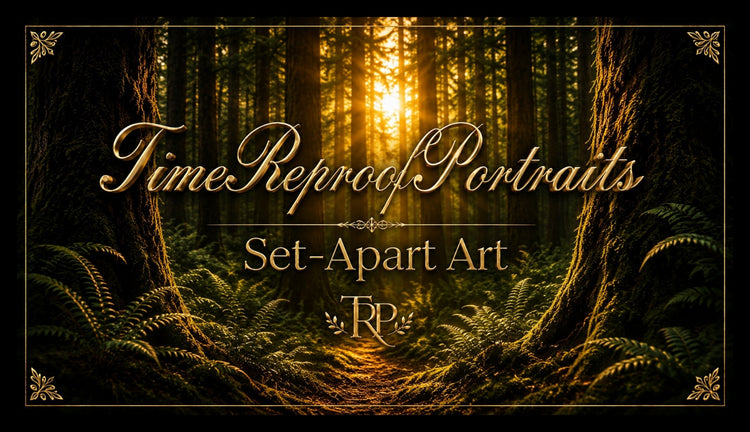 Gold elegant text reading 'Time Reproof Portraits Set-Apart Art' centered on a black background within an intricate gold border.