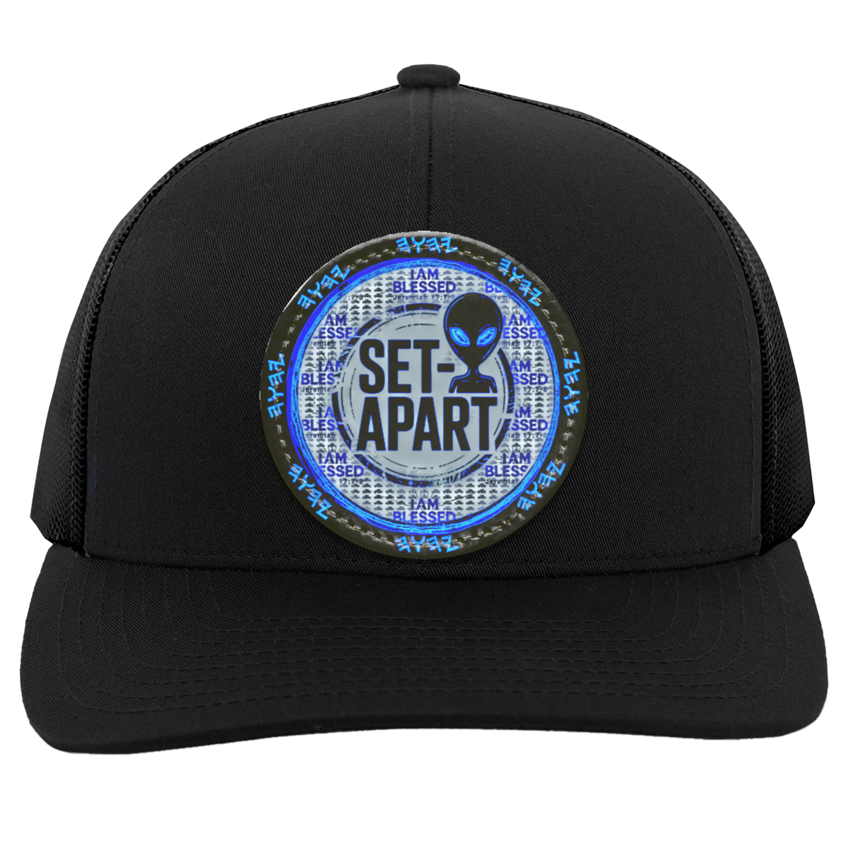 Qadosh Remnant Set-Apart trucker snapback featuring Paleo-Hebrew script, alien emblem, and Jeremiah 17:7 "I AM BLESSED" seal on black trucker snapback.