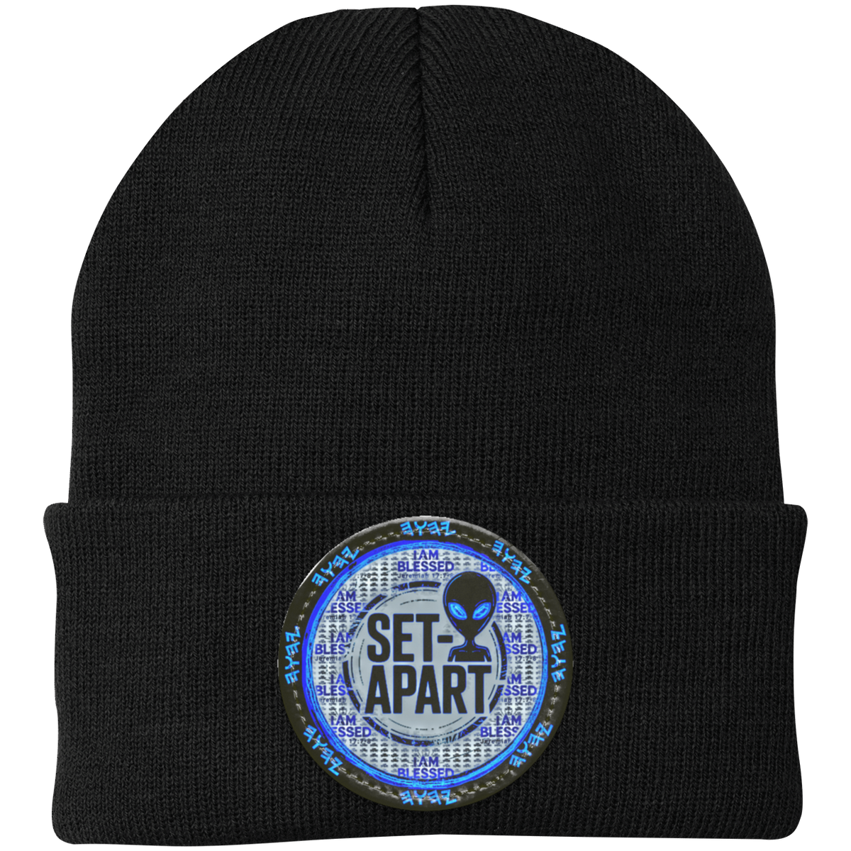Qadosh Set-Apart Acrylic Cuffed Beanie by TRP. Features a blue "I Am Blessed" Jeremiah 17:7 patch on a black knit beanie for the Holy Remnant.