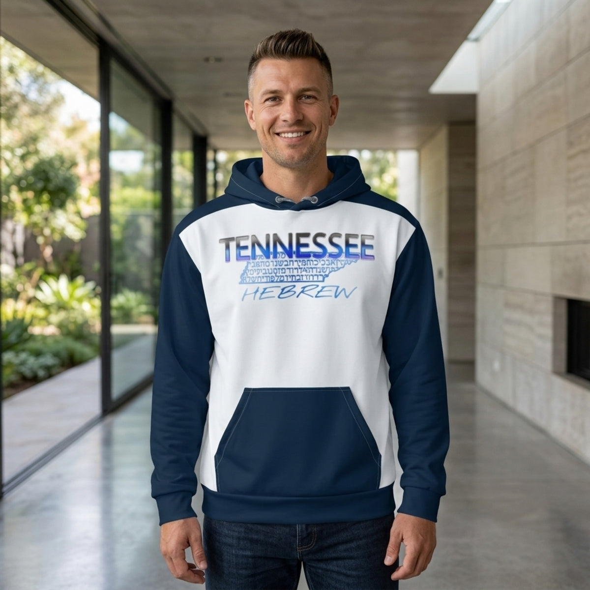 Front view of a man in a navy and white hoodie with "TENNESSEE HEBREW" and a state map graphic.