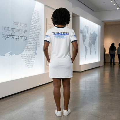 A woman standing in a museum, seen from behind, wearing a white t-shirt dress with "Tennessee Hebrew" printed on the back and sleeves.